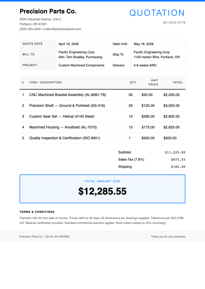 Clean invoice style quotation